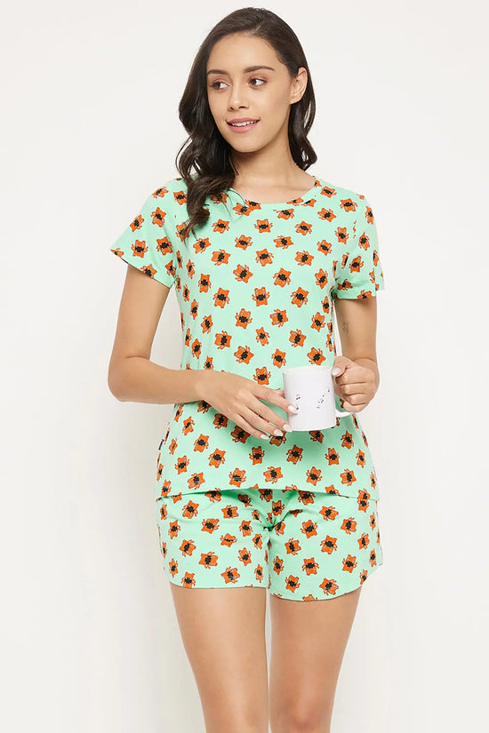 Monster Emoji Print Top & Shorts Set in Mint Green - 100% Cotton