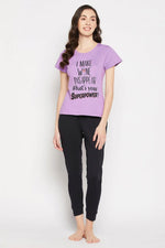 Quirky Quotes Top in Lavender & Chic Basic Joggers Set in Black - 100% Cotton