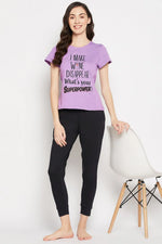 Quirky Quotes Top in Lavender & Chic Basic Joggers Set in Black - 100% Cotton