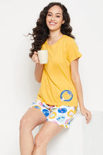 Emoji Print Top in Yellow & Shorts in White - 100% Cotton