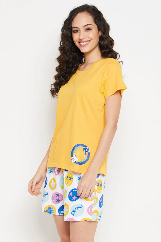 Emoji Print Top in Yellow & Shorts in White - 100% Cotton