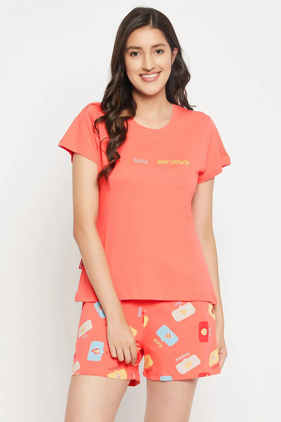 Emoji Print Top & Shorts Set in Peach Colour - 100% Cotton