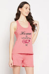 Quirky Quotes Tank Top & Chic Basic Shorts Set in Salmon Pink - 100% Cotton