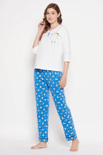 Sheep Print Top in White & Pyjama in Cobalt Blue - 100% Cotton