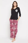 Sheep Print Top in Black & Pyjama in Fuchsia Purple - 100% Cotton