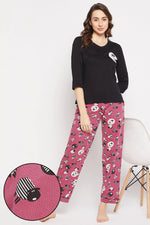 Sheep Print Top in Black & Pyjama in Fuchsia Purple - 100% Cotton