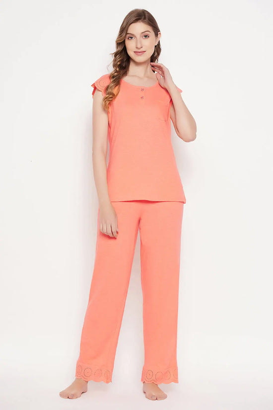 Chic Basic Top & Pyjama Set in Peach Colour - 100% Cotton