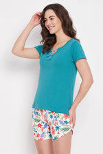 Chic Basic Top in Teal Green & Pretty Florals Shorts in White - 100% Cotton