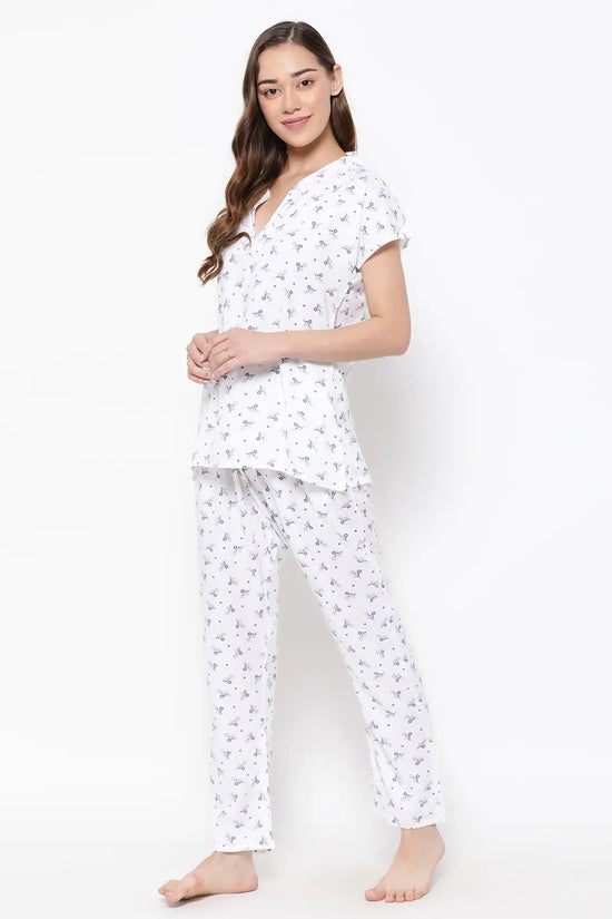 Pretty Florals Top & Pyjama Set in White - Rayon