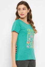 Text & Graphic Print Top in Green - 100% Cotton