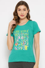 Text & Graphic Print Top in Green - 100% Cotton