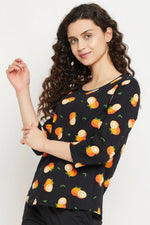 Orange Print Top in Black - 100% Cotton