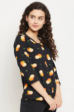 Orange Print Top in Black - 100% Cotton