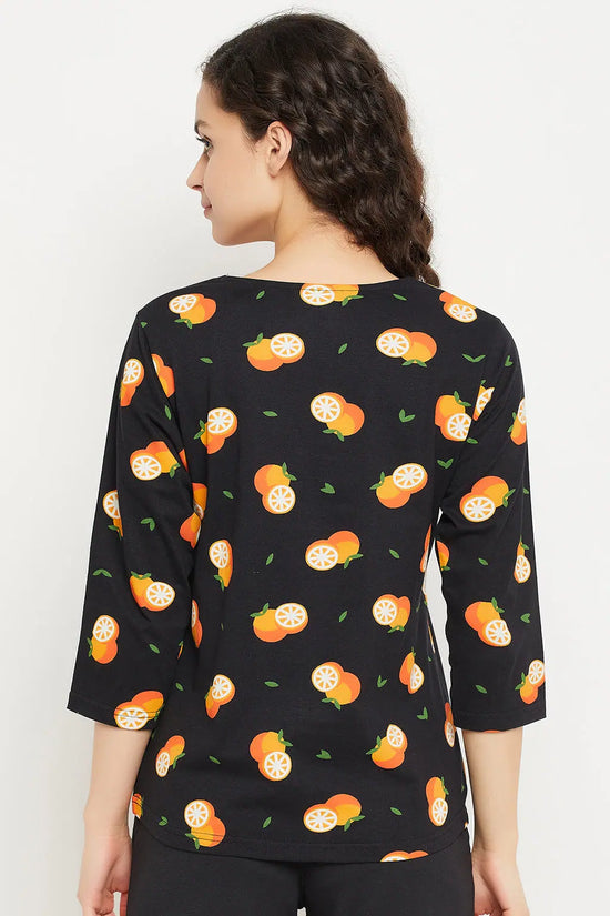 Orange Print Top in Black - 100% Cotton