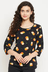 Orange Print Top in Black - 100% Cotton