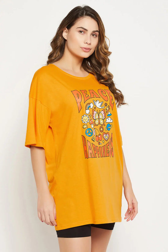 Graphic & Text Print Oversized T-shirt in Mustard Yellow - 100% Cotton-LT0166A07L