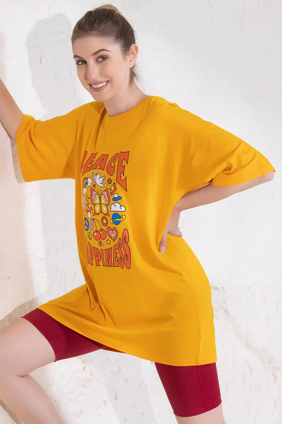 Graphic & Text Print Oversized T-shirt in Mustard Yellow - 100% Cotton-LT0166A07L