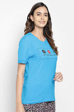 Text & Graphic Print Sleep T-shirt in Blue - 100% Cotton