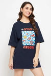 Text & Graphic Print Oversized T-shirt in Navy - 100% Cotton