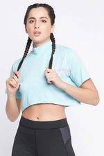 Comfort Fit Text Print Turtleneck Active Crop Top in Sky Blue