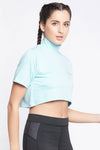 Comfort Fit Text Print Turtleneck Active Crop Top in Sky Blue