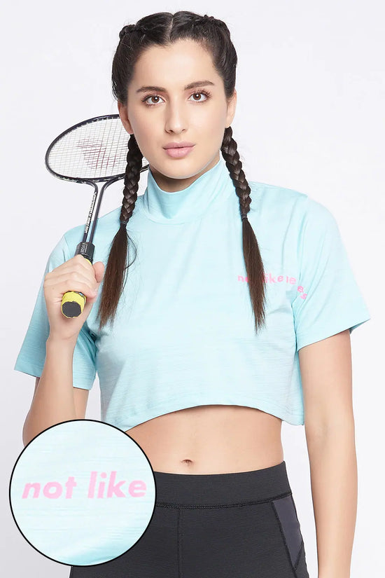 Comfort Fit Text Print Turtleneck Active Crop Top in Sky Blue