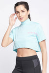 Comfort Fit Text Print Turtleneck Active Crop Top in Sky Blue