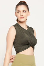 Comfort-Fit Front Knot Active Crop Top in Dark Green