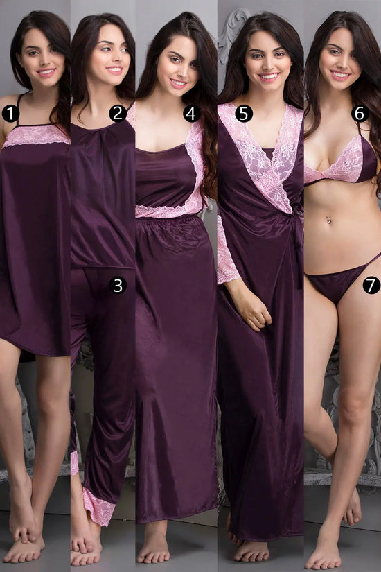 Shop 7 Pcs Nightwear Set in Purple Satin Tradyl