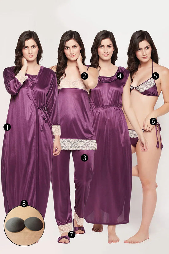 8 Pc Satin Nightwear Set - Navy