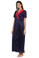 Long Robe in Navy With Lace - Satin