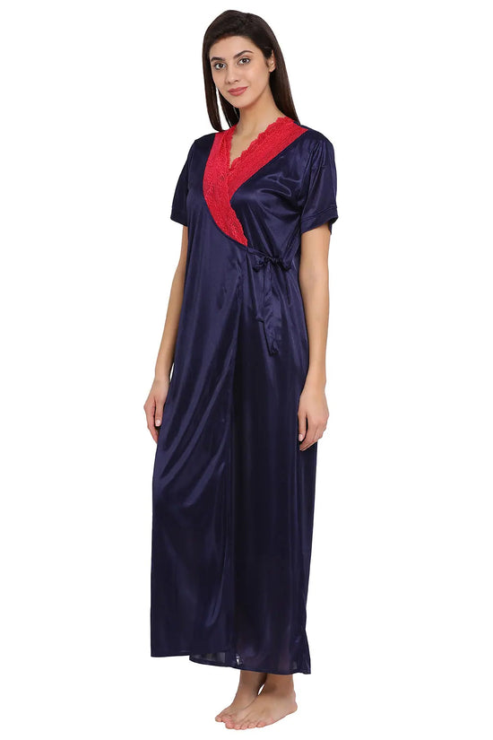 Long Robe in Navy With Lace - Satin