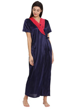 Long Robe in Navy With Lace - Satin