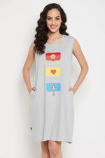 Graphic Emoji Print Short Night Dress in Light Grey - 100% Cotton