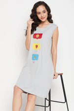 Graphic Emoji Print Short Night Dress in Light Grey - 100% Cotton