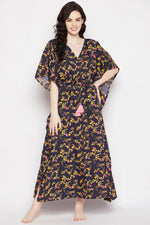 Pretty Florals Long Kaftan in Navy - Crepe