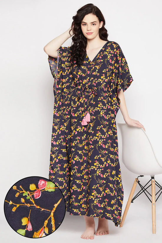 Pretty Florals Long Kaftan in Navy - Crepe