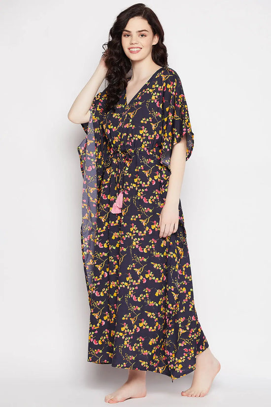 Pretty Florals Long Kaftan in Navy - Crepe