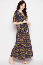 Pretty Florals Long Kaftan in Navy - Crepe