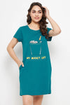 Quirky Quotes Short Night Dress in Teal Green - 100% Cotton