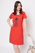 Astronaut & Moon Print Short Night Dress in Red - 100% Cotton