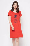 Astronaut & Moon Print Short Night Dress in Red - 100% Cotton