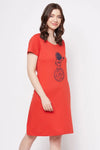 Astronaut & Moon Print Short Night Dress in Red - 100% Cotton