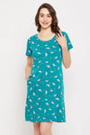 Spaceship Print Short Night Dress in Teal Blue - 100% Cotton