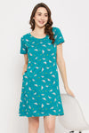 Spaceship Print Short Night Dress in Teal Blue - 100% Cotton