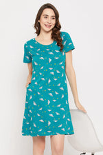 Spaceship Print Short Night Dress in Teal Blue - 100% Cotton