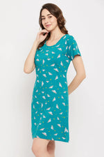 Spaceship Print Short Night Dress in Teal Blue - 100% Cotton