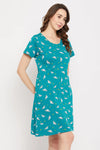 Spaceship Print Short Night Dress in Teal Blue - 100% Cotton