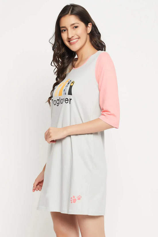 Graphic Print Colourblocked Short Night Dress in Grey - 100% Cotton