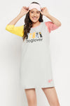 Graphic Print Colourblocked Short Night Dress in Grey - 100% Cotton